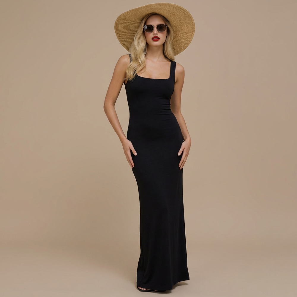 elegant square neck solid color slim fit dress for women