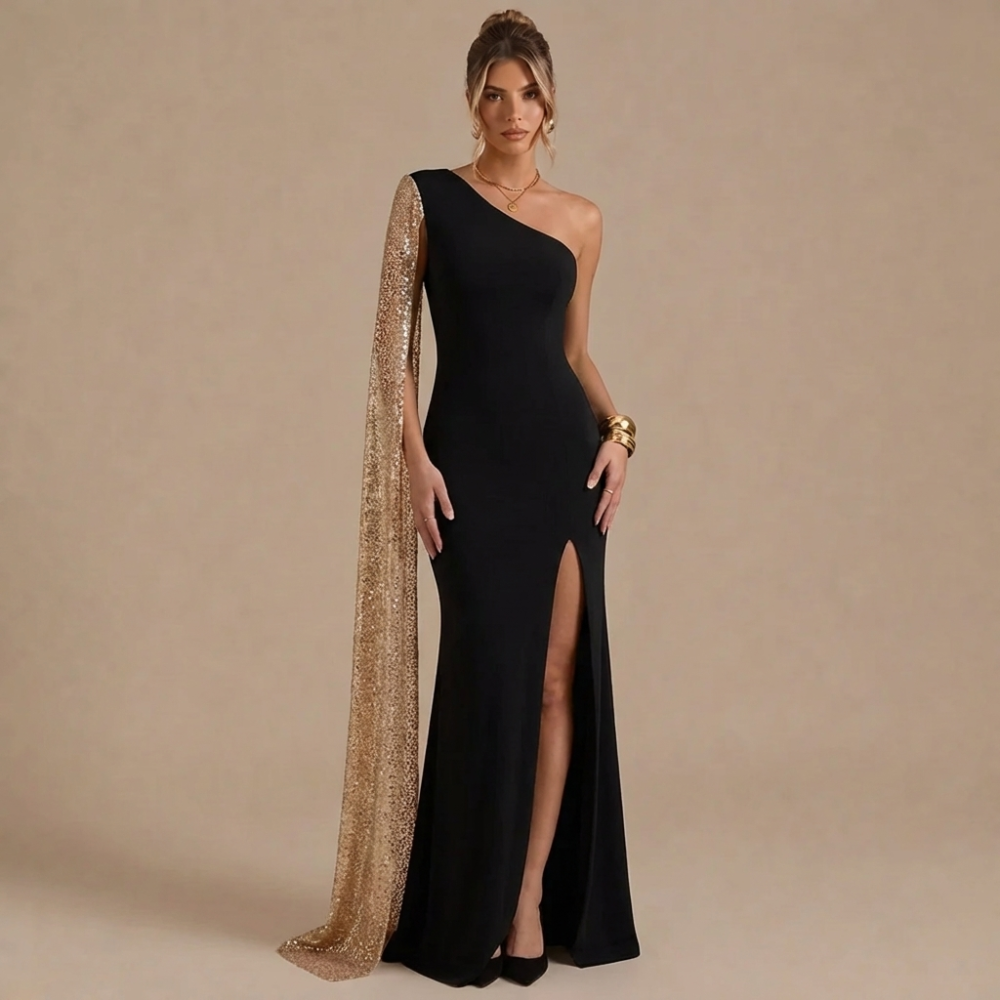 one shoulder cloak slit black dress