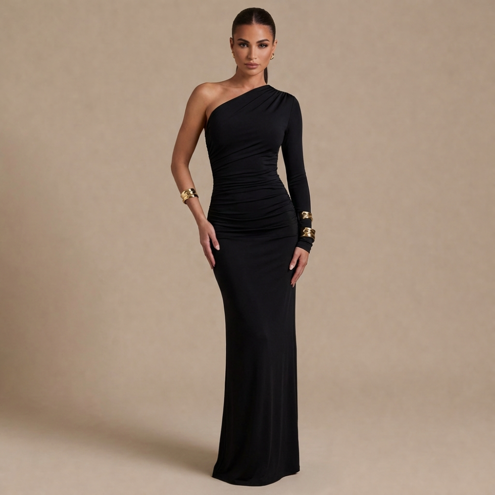 off shoulder fitted waist cinching long sleeve dress
