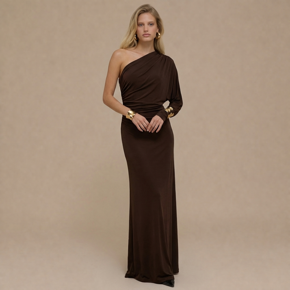 fashionable chic asymmetrical off shoulder one sleeve pleated maxi dress