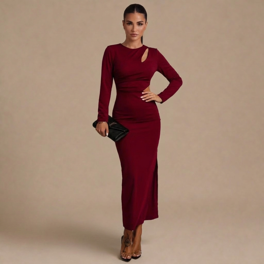sexy crew neck hollow out long sleeve sheath dress with side slit