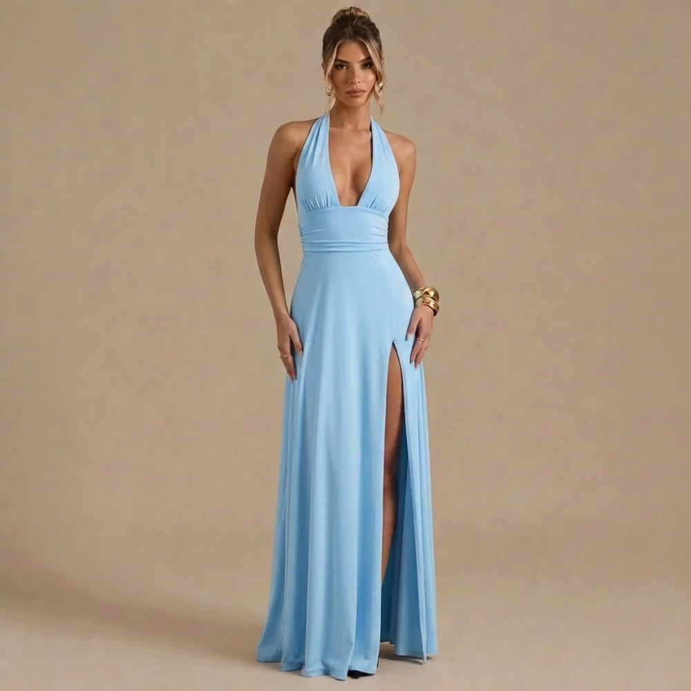 sexy halterneck v neck slit dress summer backless strappy skirt fashion temperament clothing women