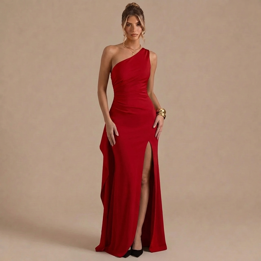 sexy one shoulder backless slit dress summer elegant slim fit solid color satin dresses for women sexy one shoulder backless slit dress summer elegant slim fit solid color satin dresses for women
