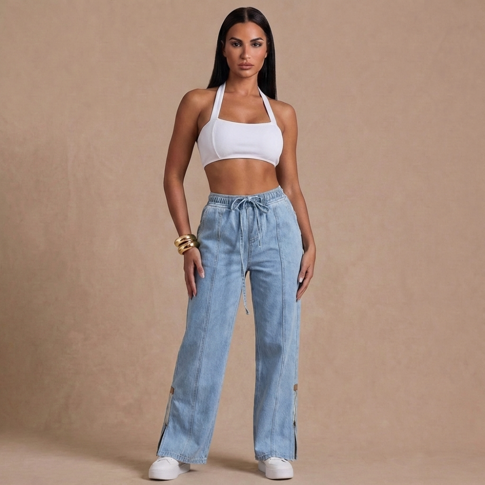 loose fit denim jeans with a slit and elastic waist
